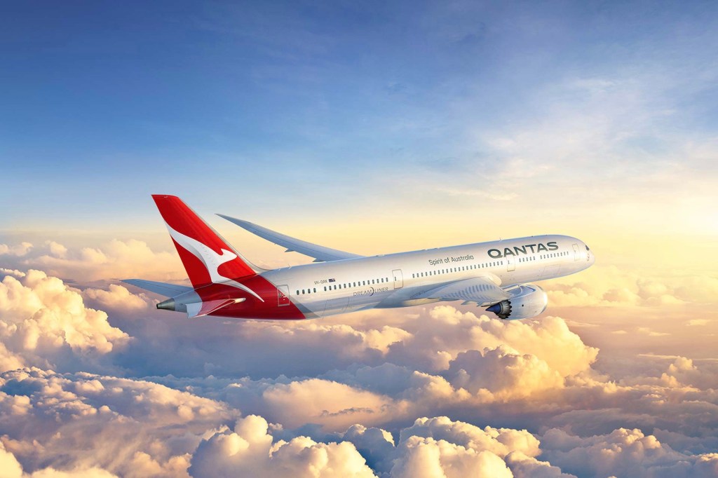 A Qantas aircraft in the sky.