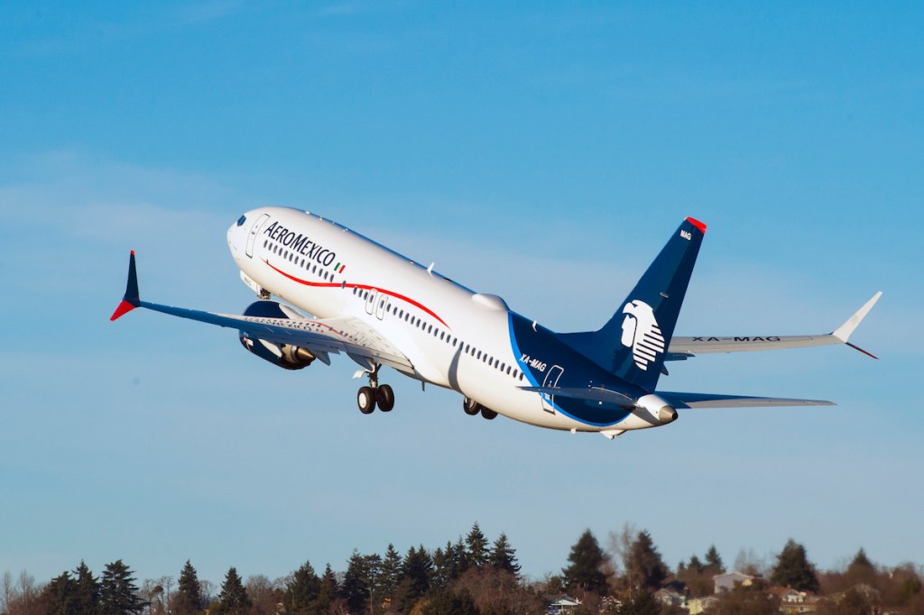 An Aeromexico Boeing 737 Max takes off.