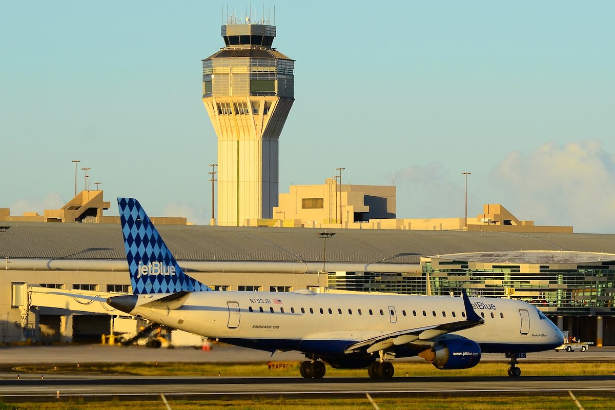 A JetBlue plane taxis at the San Juan airport