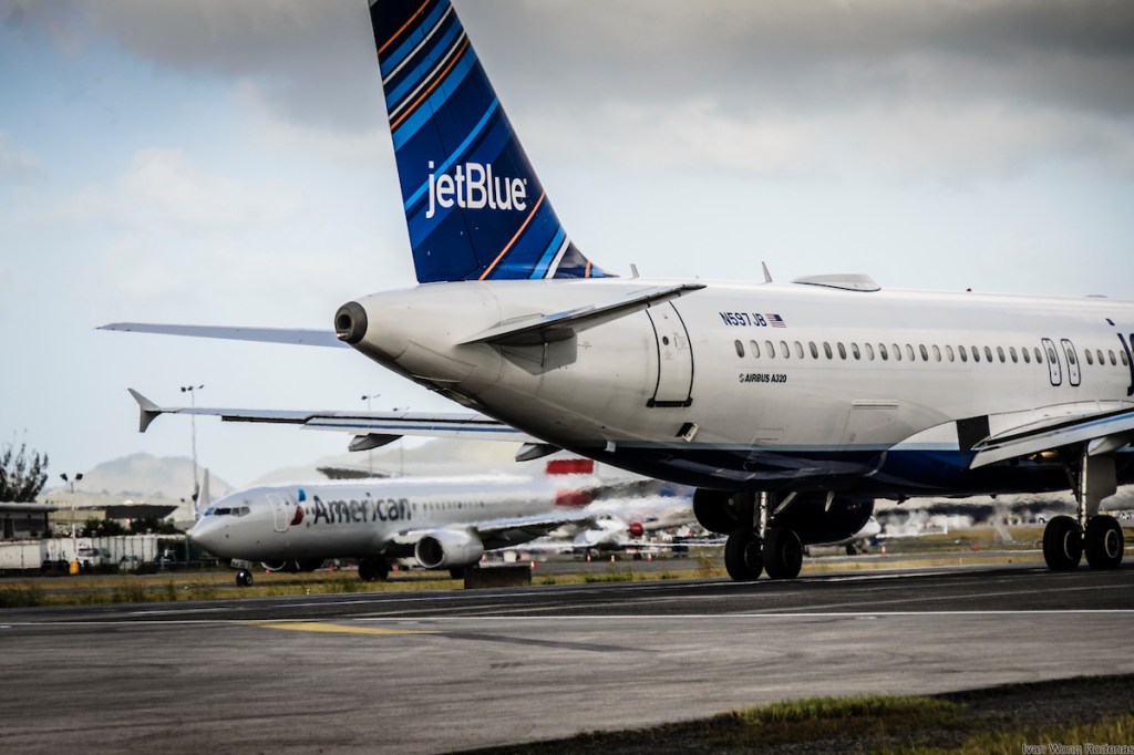 JetBlue and American Airlines planes at the Saint Maarten airport.