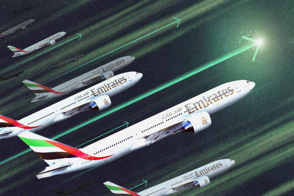 An abstract graphic showing Emirates planes flying upwards.