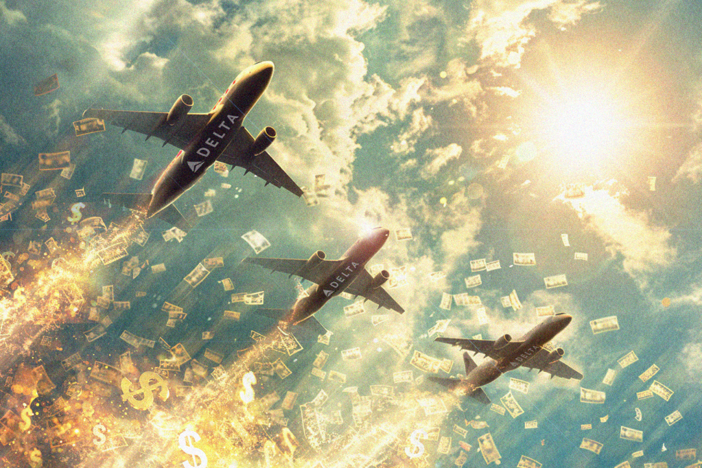 An illustration showing Delta planes and dollar signs