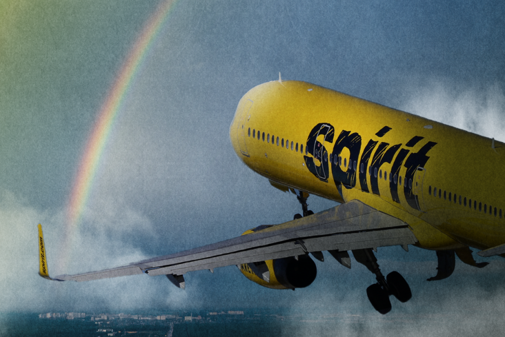An illustration showing a Spirit Airlines plane and a rainbow.
