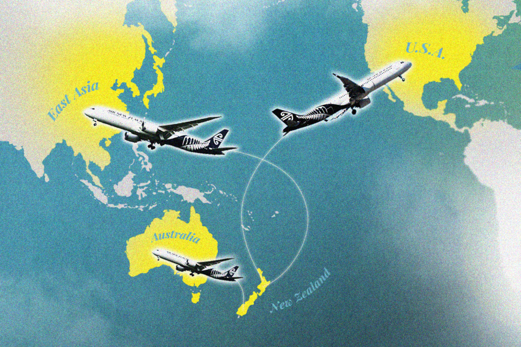 An illustration showing Air New Zealand planes flying around the world.