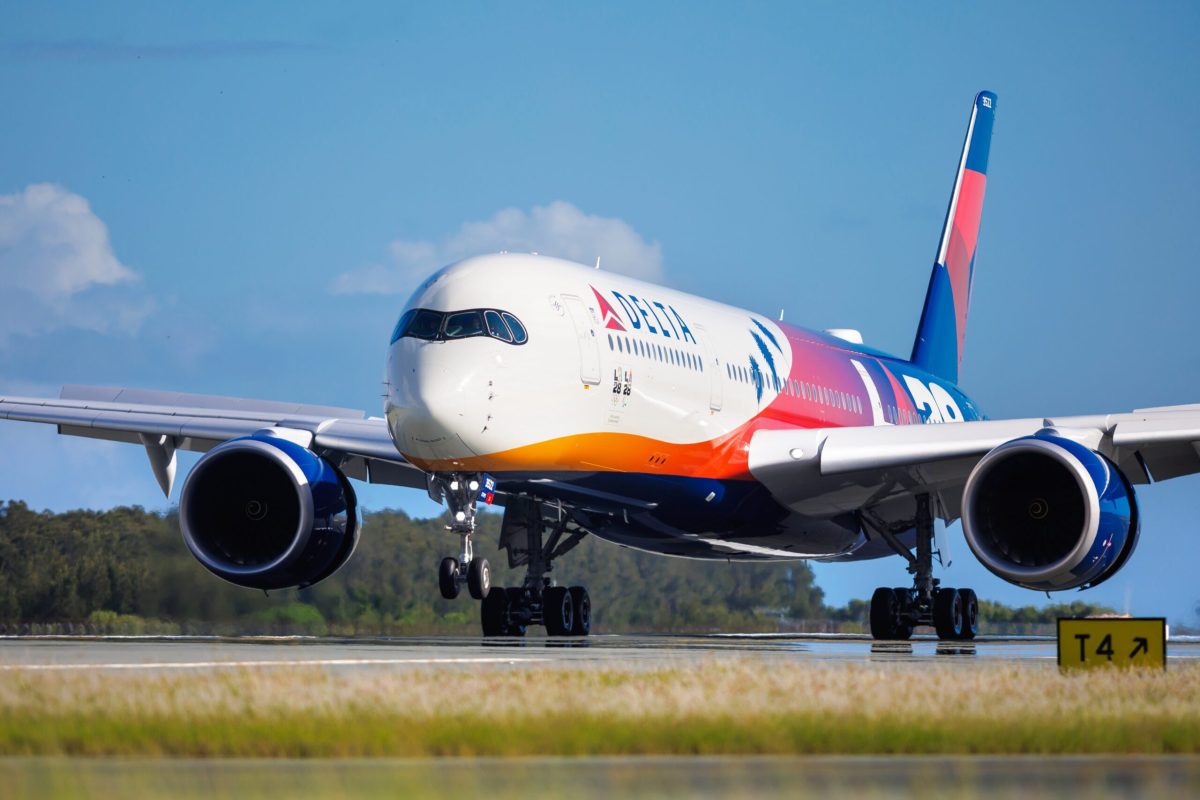 Delta's LA28 A350 jet landing in Brisbane