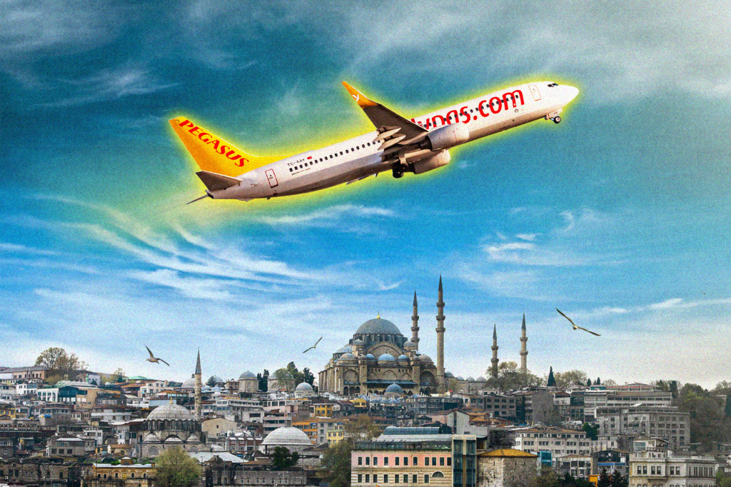 An illustration showing a Pegasus plane flying over Istanbul