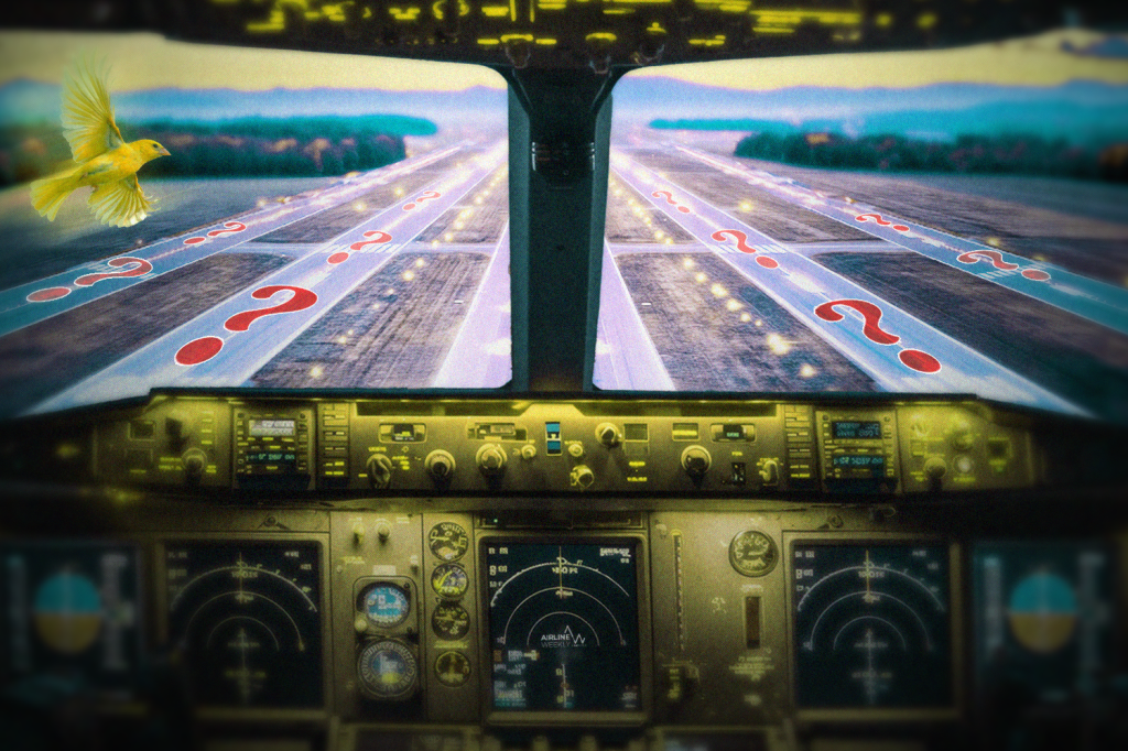 An illustration showing a cockpit with a canary outside the window.