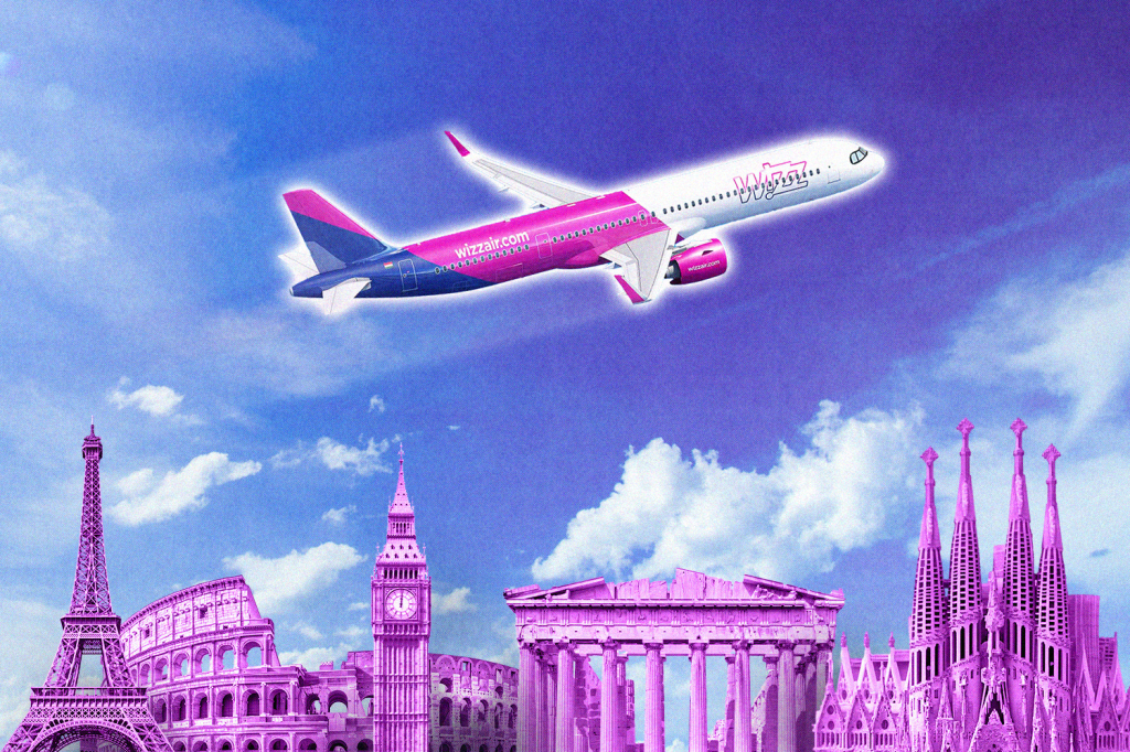 A Wizz Air plane flying over European landmarks.