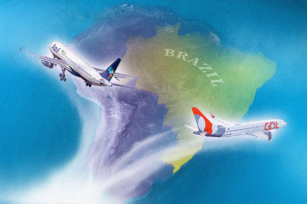 An illustration showing Azul and Gol aircraft over Brazil.
