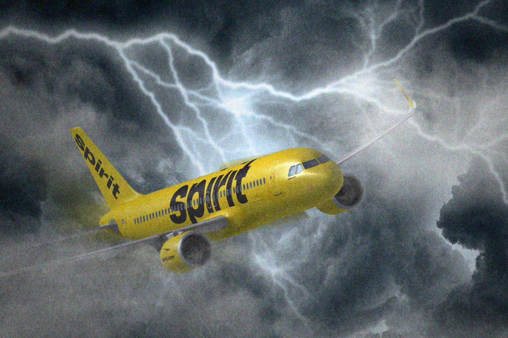 An illustration of a Spirit Airlines plane flying through a storm.