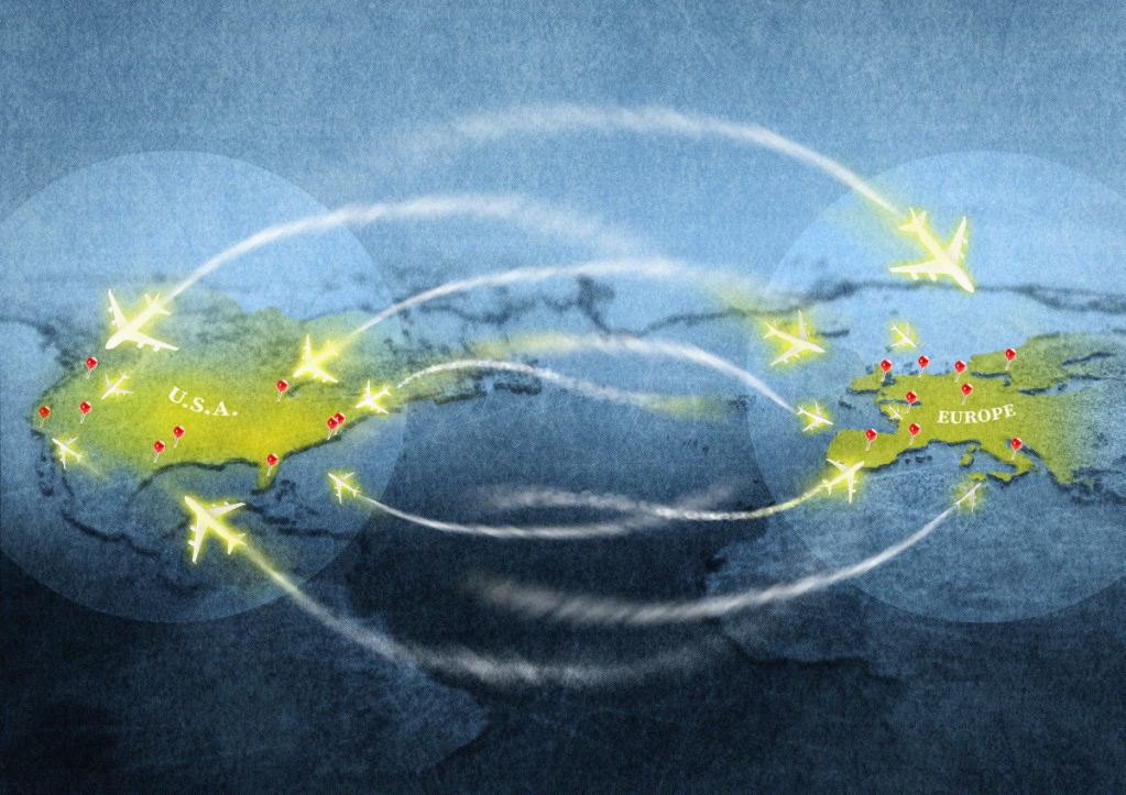 An illustration showing transatlantic air traffic