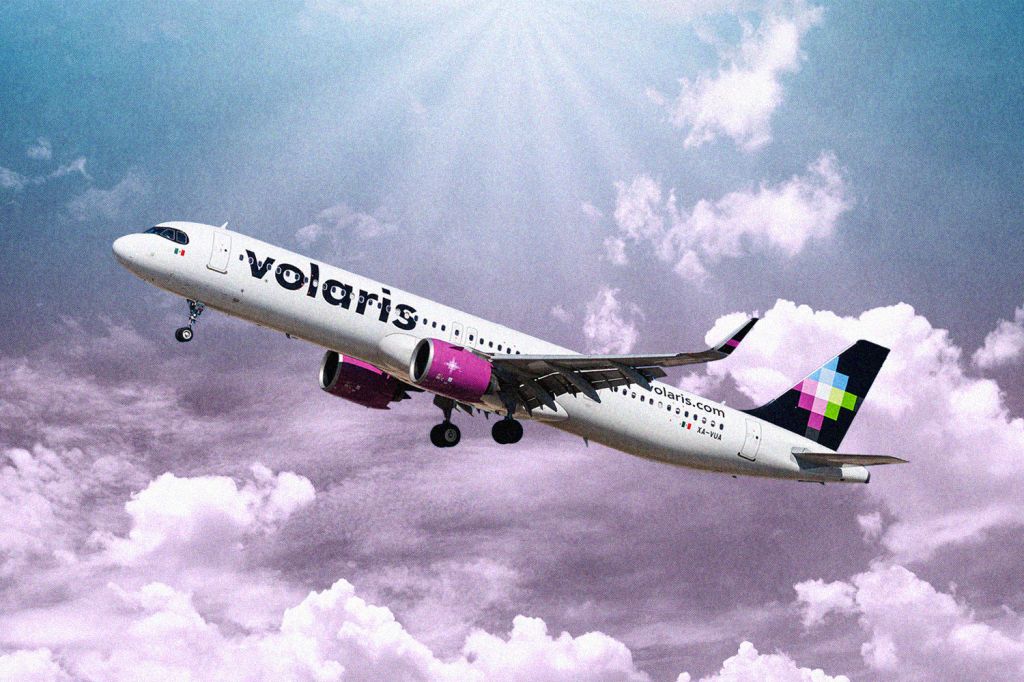 An illustration showing a Volaris plane in the sky.