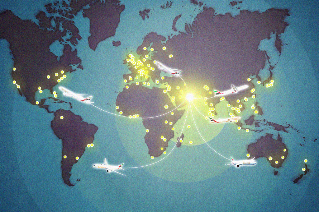 An illustration showing Emirates aircraft on a global map.