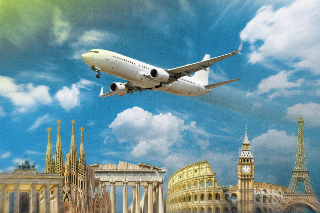A plane flying over European landmarks.
