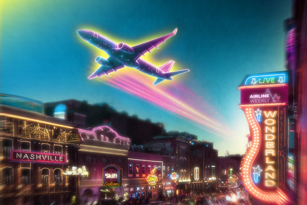 An illustration showing a plane over Nashville.