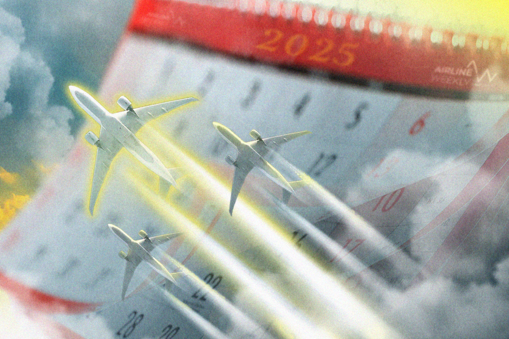 An illustration showing planes and a 2025 calendar.