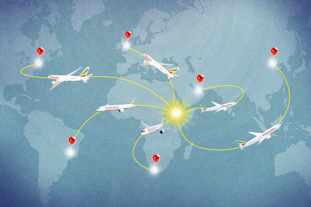 An illustration showing Ethiopian Airlines planes flying around the world.