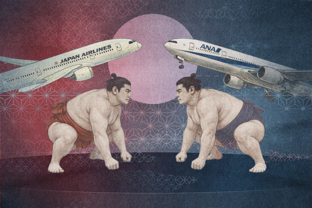 An illustration of two sumo wrestlers with ANA and JAL aircraft.