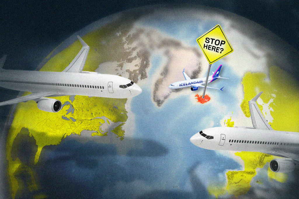 An illustration showing planes over the Atlantic.