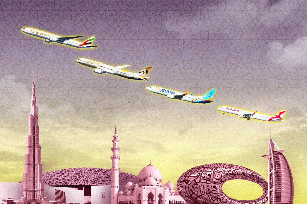 An illustration showing various planes over UAE landmarks.