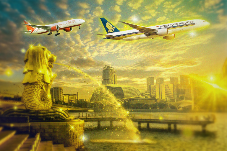 An illustration showing an Singapore Airlines plane over Singapore with Air India trailing behind.